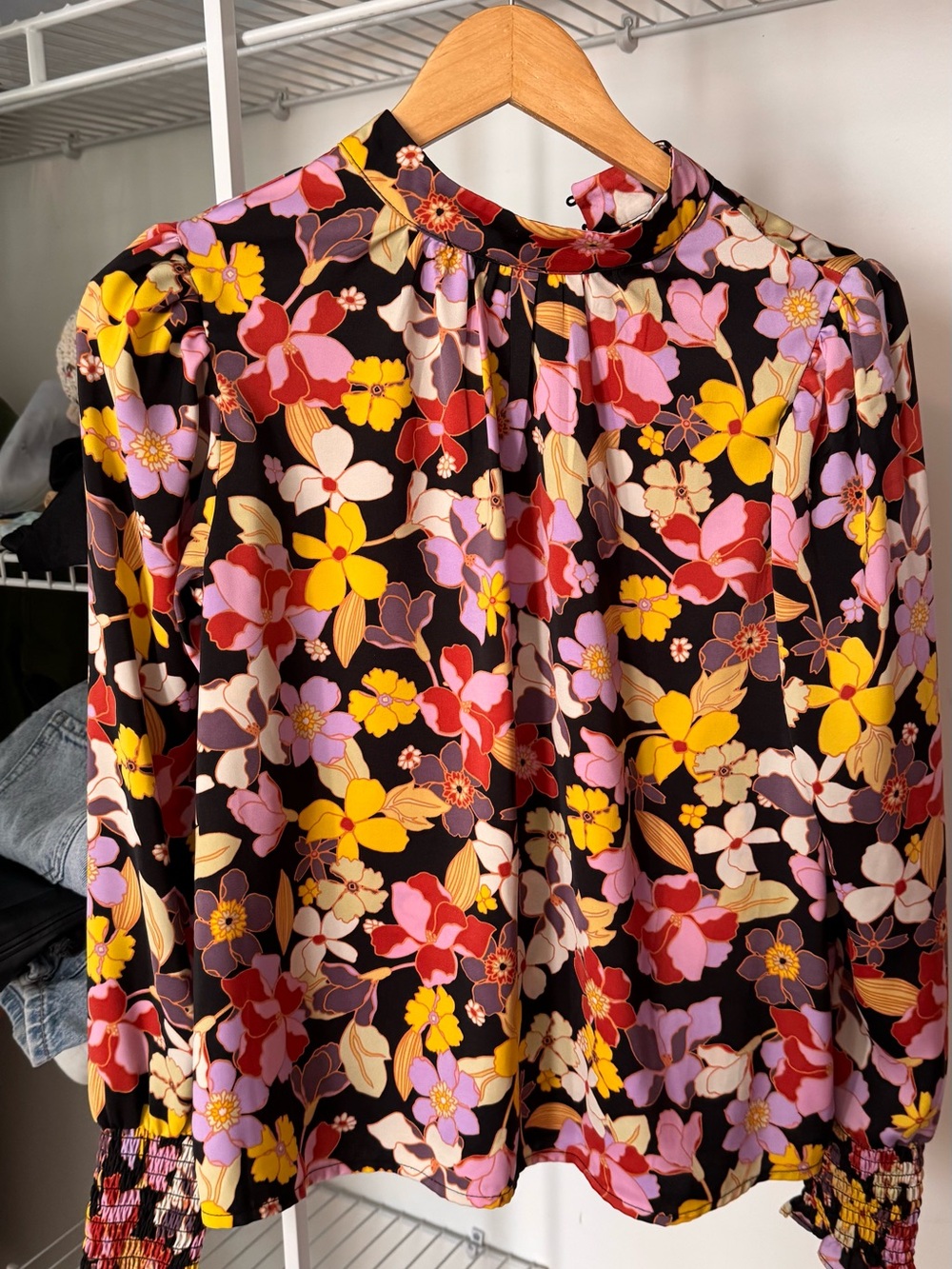 Who What Wear Black Floral Mock-Neck Blouse with Yellow, Pink & Red Flowers